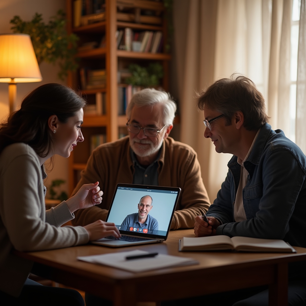 Small group gathered around a laptop during a live discussion session about movement pacing