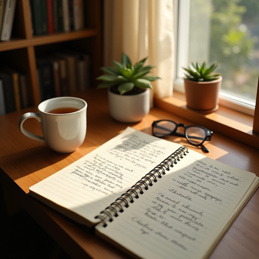 A quiet desk with an open notebook, pen, and printed movement log used for course reflection