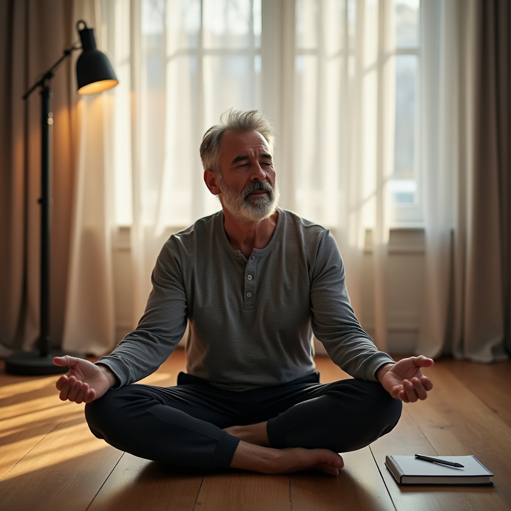 Person seated on the floor performing a slow, seated stretch with visible attention to posture